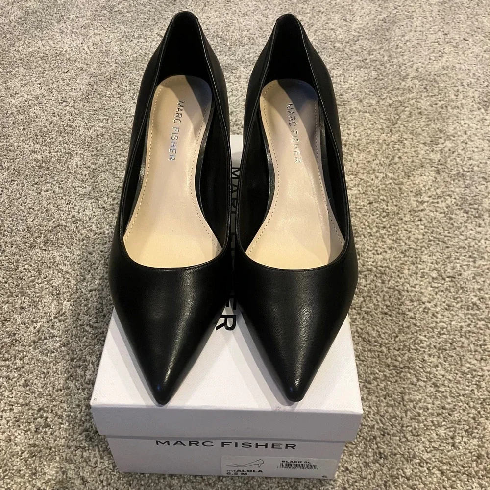 Marc Fisher Alola Black Leather Pointed Toe Stiletto Pumps Heels Womens 6.5M NWB